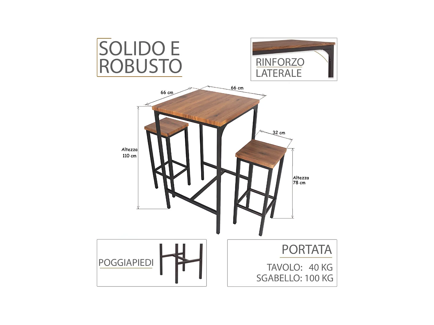 Lote de Mesa de Bar Cuadrada de 110 cm de Alto y 4 Taburetes en Nogal Marrón Mod. ROMA de Yelloo