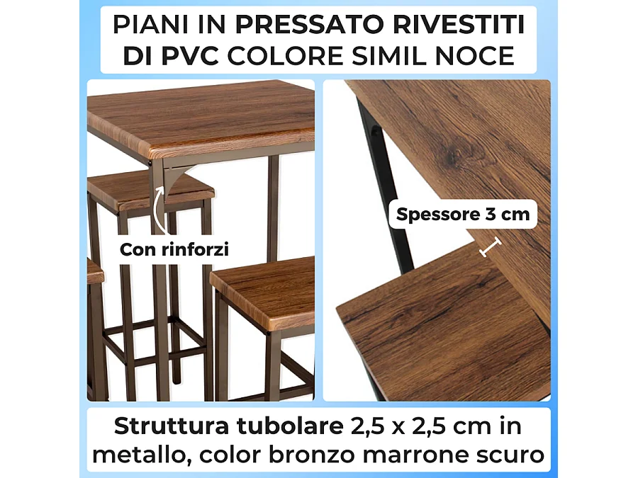 Set Tavolo Bar Quadrato Alto 110 cm e 4 Sgabelli marrone noce Mod. ROMA by Yelloo