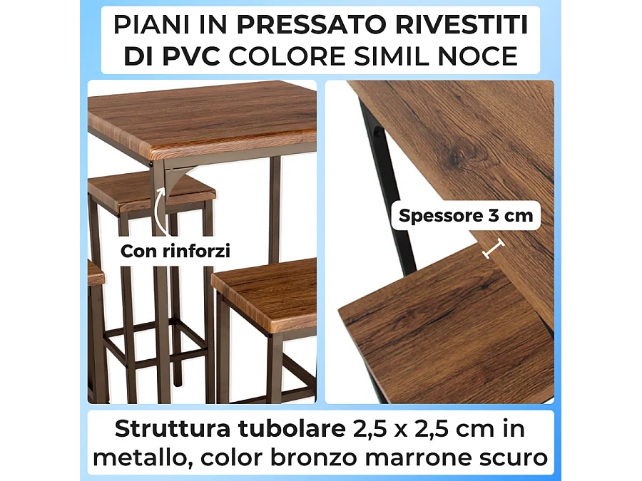 Set Tavolo Bar Quadrato Alto 110 cm e 4 Sgabelli marrone noce Mod. ROMA by Yelloo