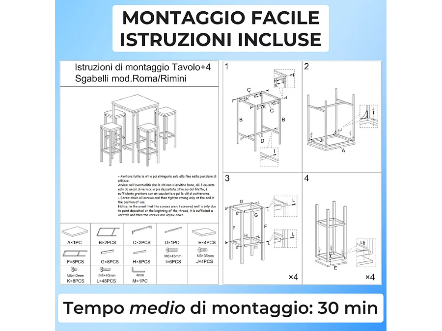 Set Tavolo Bar Quadrato Alto 110 cm e 4 Sgabelli marrone noce Mod. ROMA by Yelloo