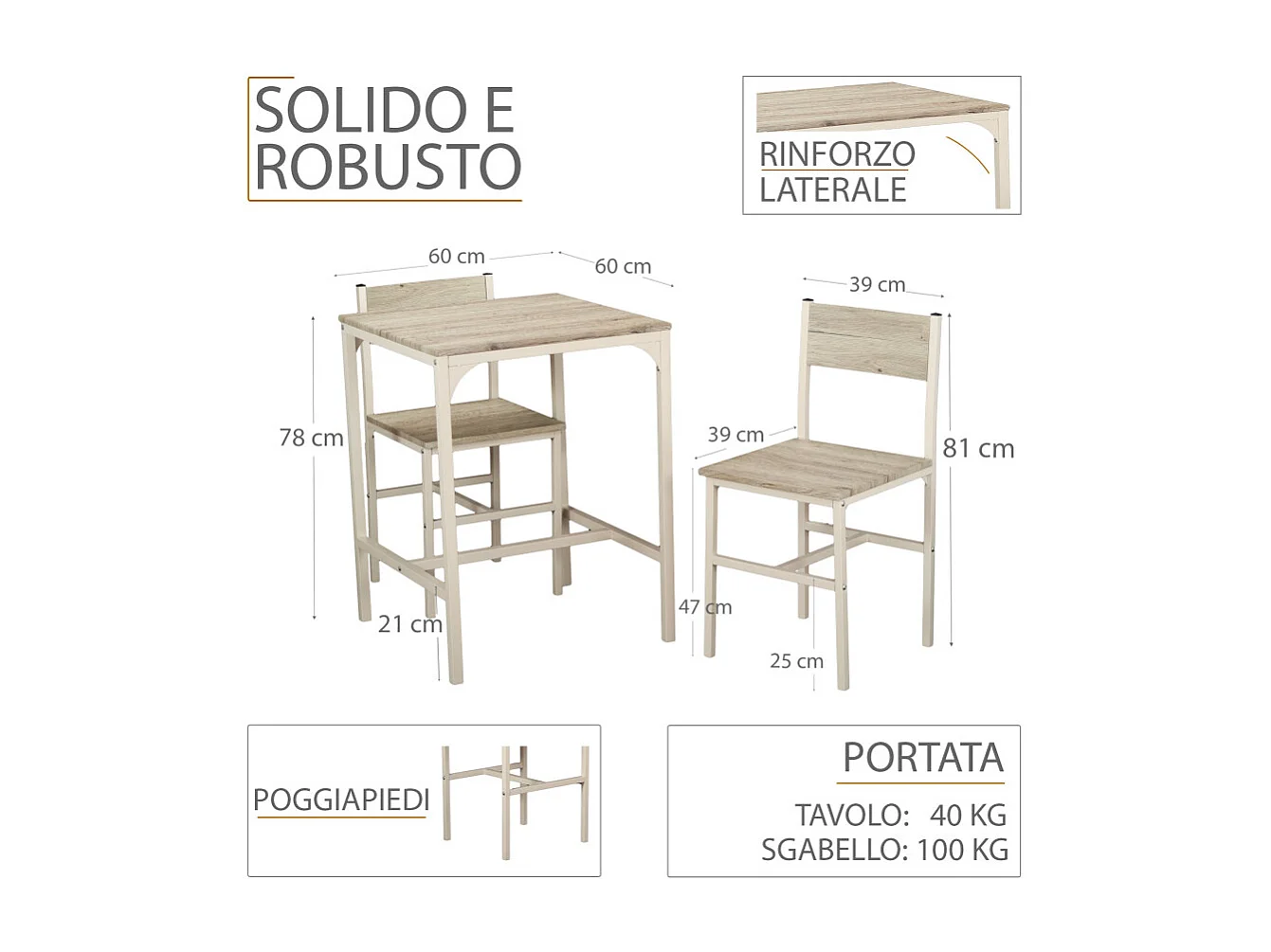 Set Tavolo Bar Con 2 Sedie colore beige e rovere chiaro mod. PORTOFINO by Yelloo