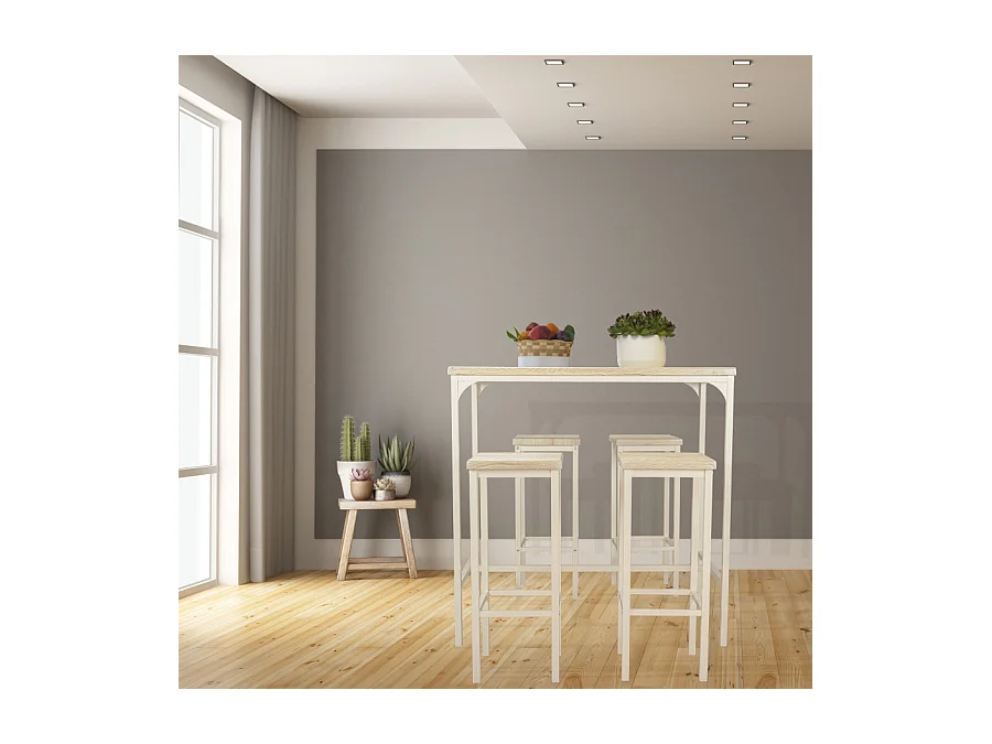 Lot de table de bar rectangulaire 110x66xH110cm et 4 tabourets en chêne beige mod. RICCIONE par Yelloo