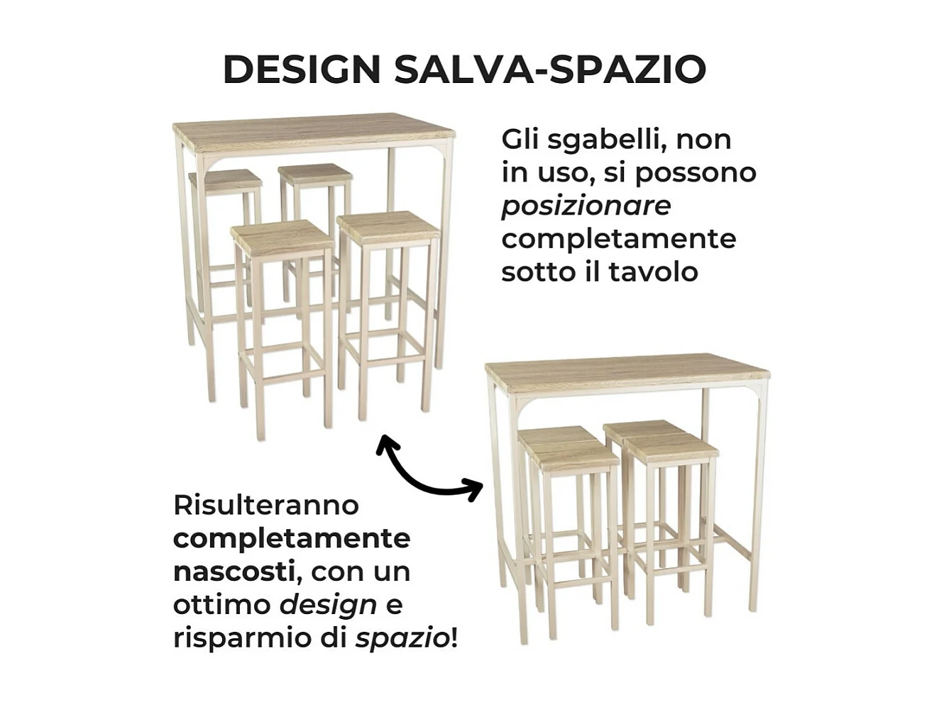 Set Tavolo bar rettangolare 110x66xH110cm e 4 Sgabelli rovere beige mod. RICCIONE by Yelloo