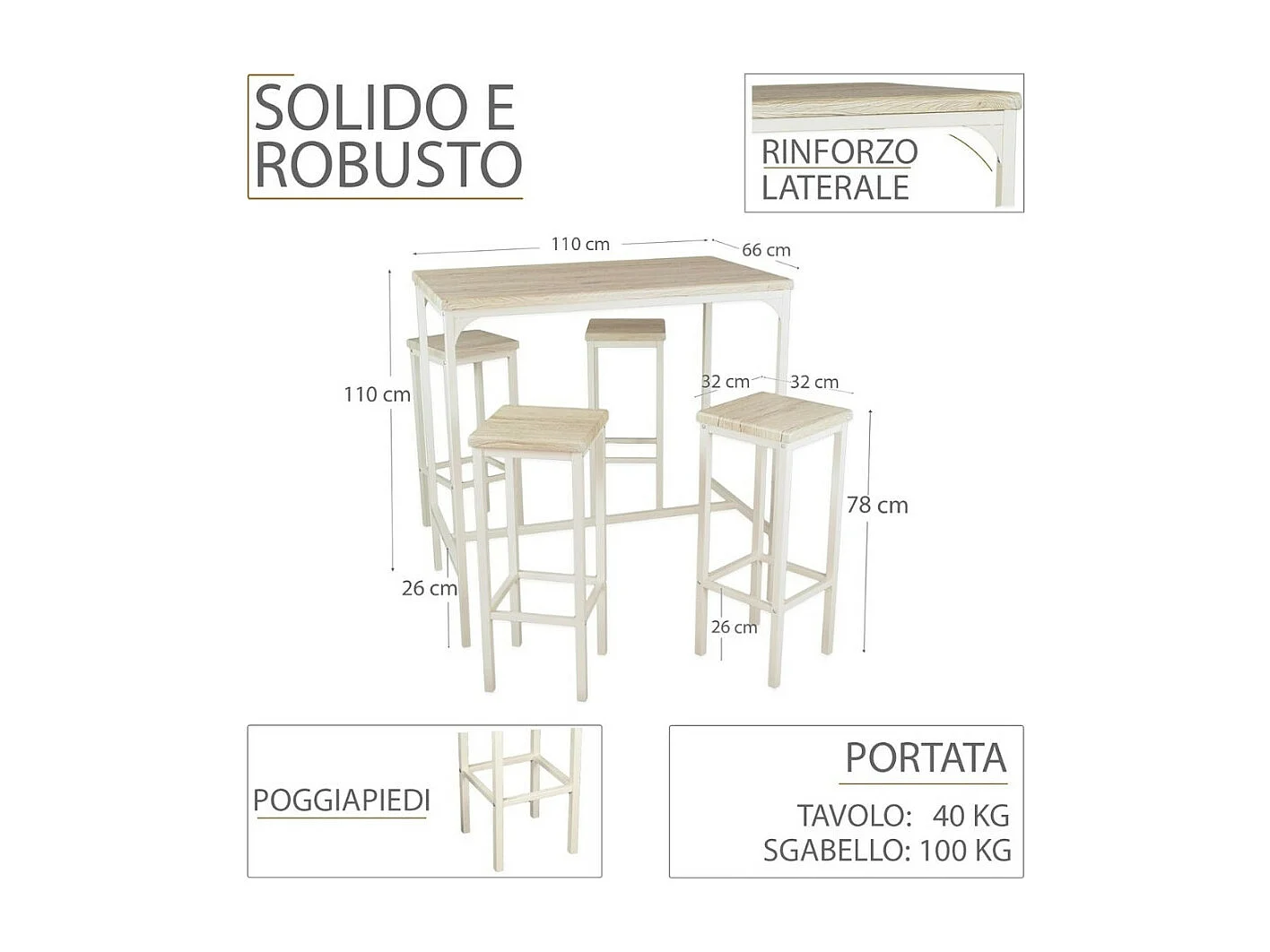 Set Tavolo bar rettangolare 110x66xH110cm e 4 Sgabelli rovere beige mod. RICCIONE by Yelloo