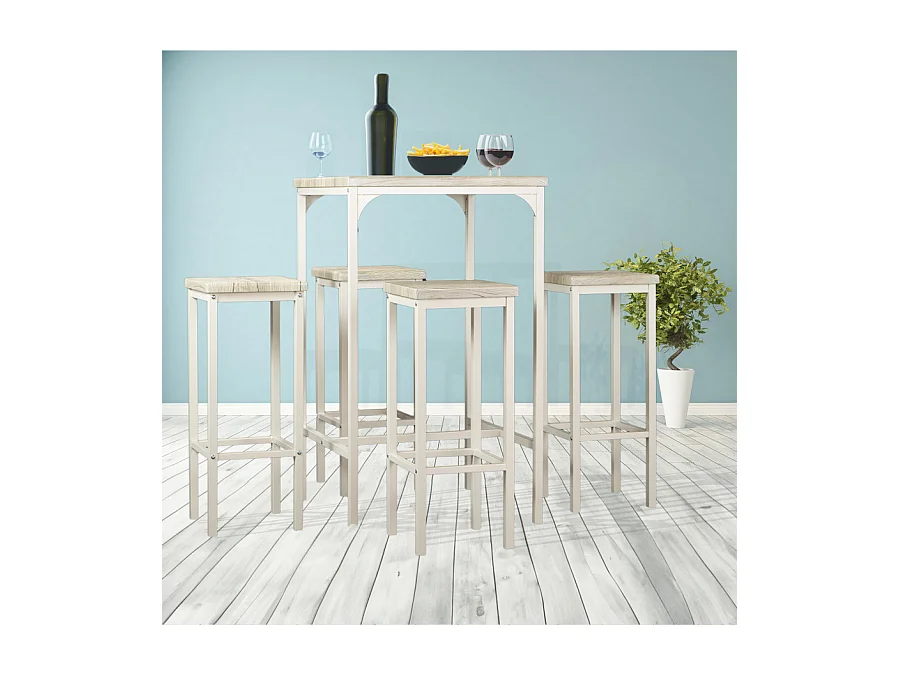 Lot de table de bar carrée de 110 cm de hauteur et 4 tabourets en chêne beige mod. RIMINI par Yelloo