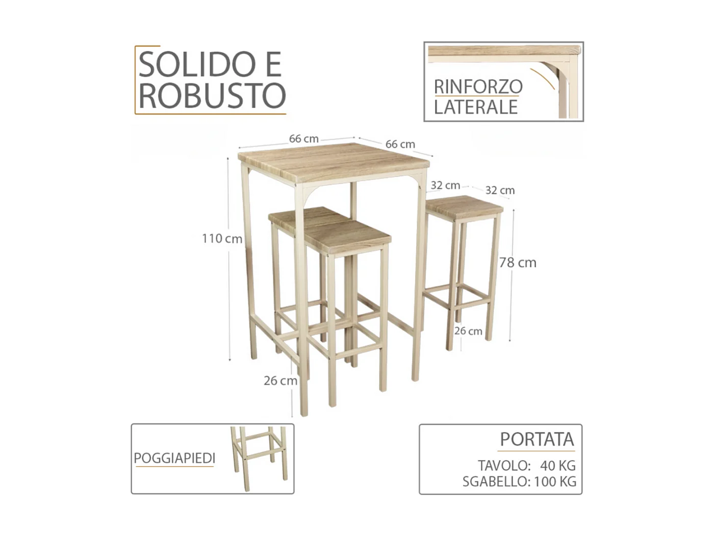Set Tavolo Bar quadrato alto 110 cm e 4 Sgabelli rovere beige mod. RIMINI by Yelloo