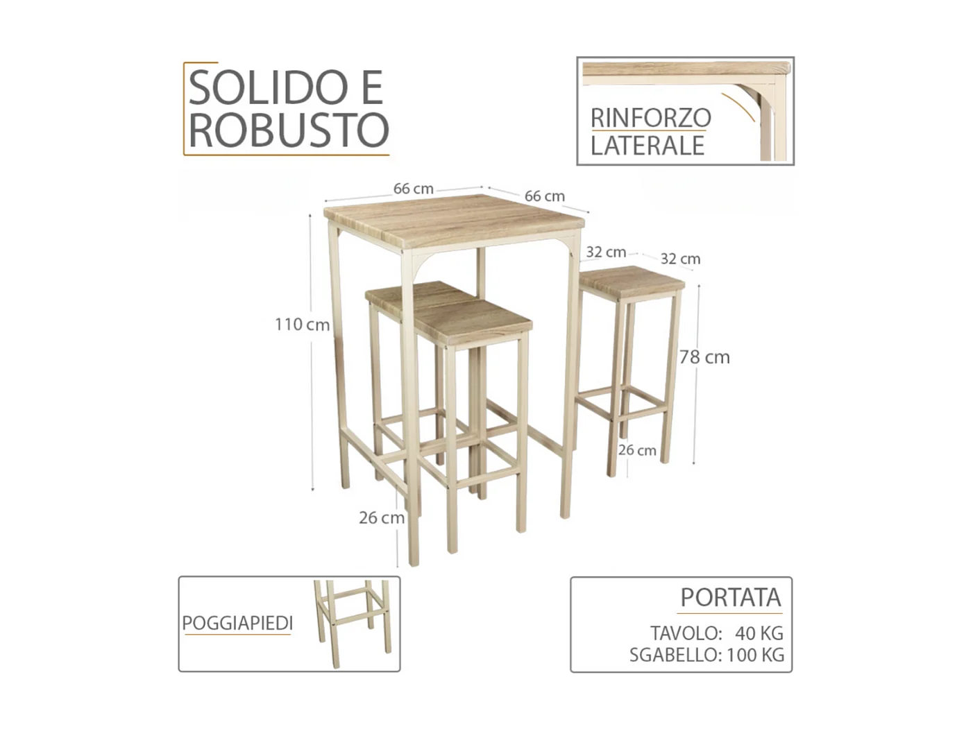 Set Tavolo Bar quadrato alto 110 cm e 4 Sgabelli rovere beige mod. RIMINI by Yelloo