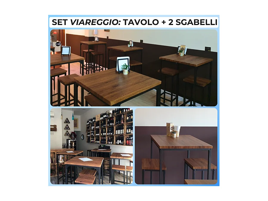 Set aus 110 cm hohem quadratischem Stehtisch und 2 walnussbraunen Hockern Mod. VIAREGGIO von Yelloo