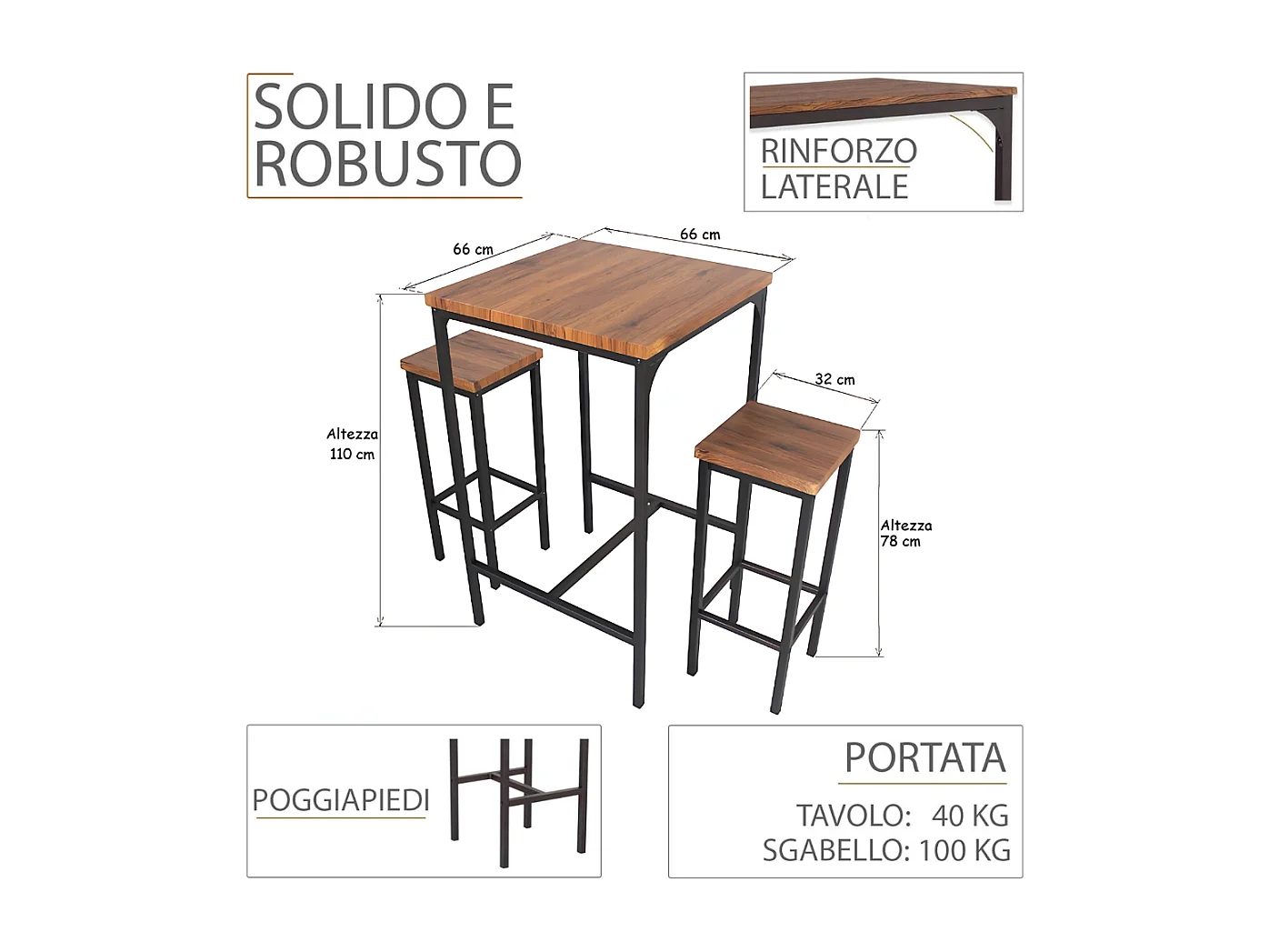 Set aus 110 cm hohem quadratischem Stehtisch und 2 walnussbraunen Hockern Mod. VIAREGGIO von Yelloo