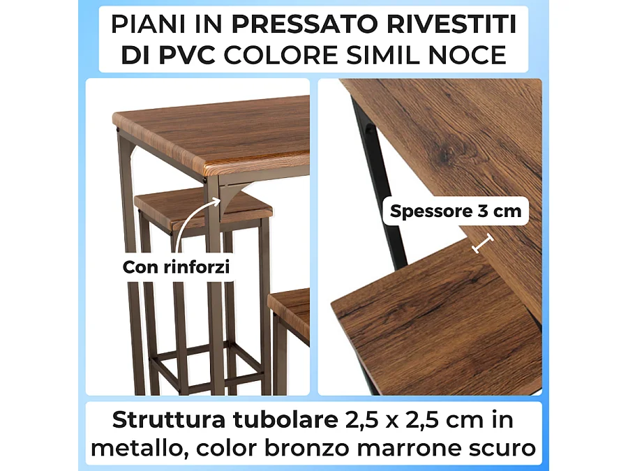 Set aus 110 cm hohem quadratischem Stehtisch und 2 walnussbraunen Hockern Mod. VIAREGGIO von Yelloo