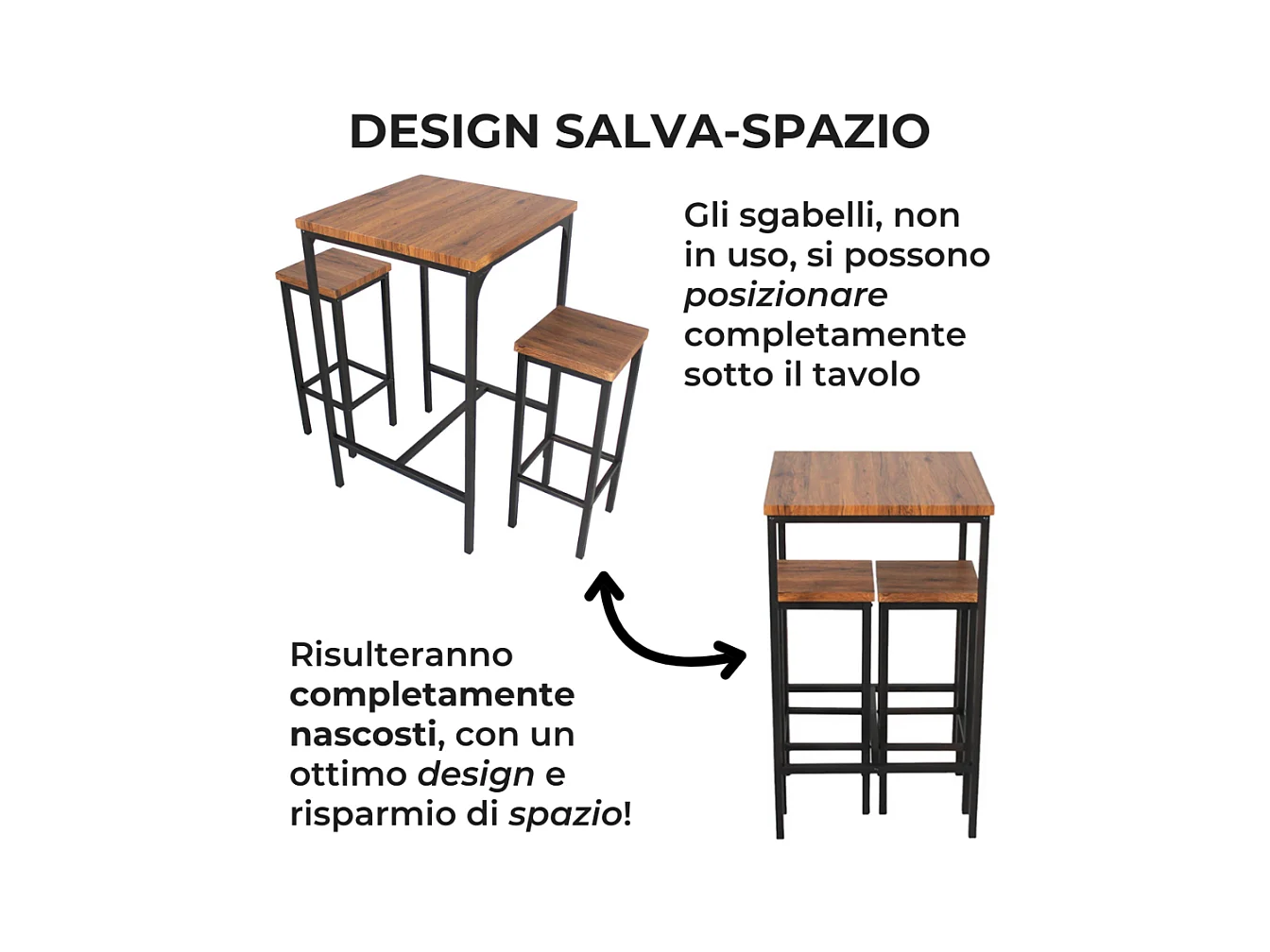 Set aus 110 cm hohem quadratischem Stehtisch und 2 walnussbraunen Hockern Mod. VIAREGGIO von Yelloo