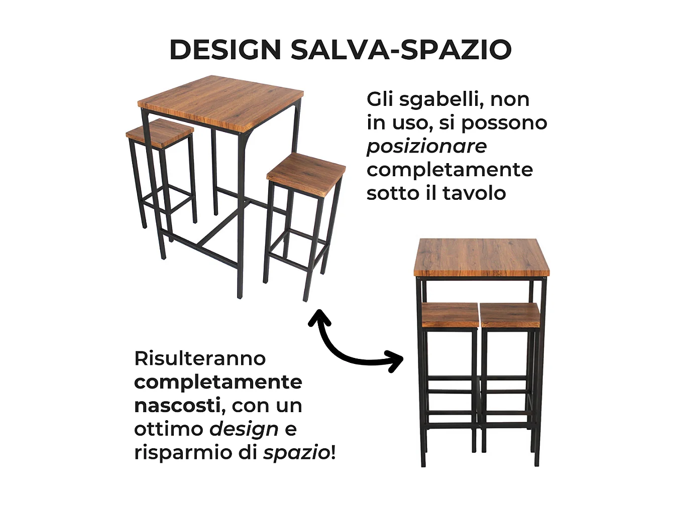 Set Tavolo bar quadrato alto 110 cm e 2 Sgabelli marrone noce mod. VIAREGGIO by Yelloo