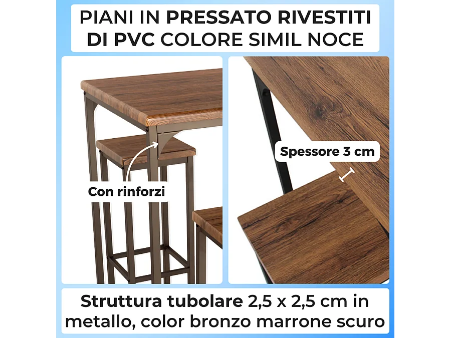 Lot de table de bar carrée de 110 cm de hauteur et de 2 tabourets marron noyer mod. VIAREGGIO par Yelloo