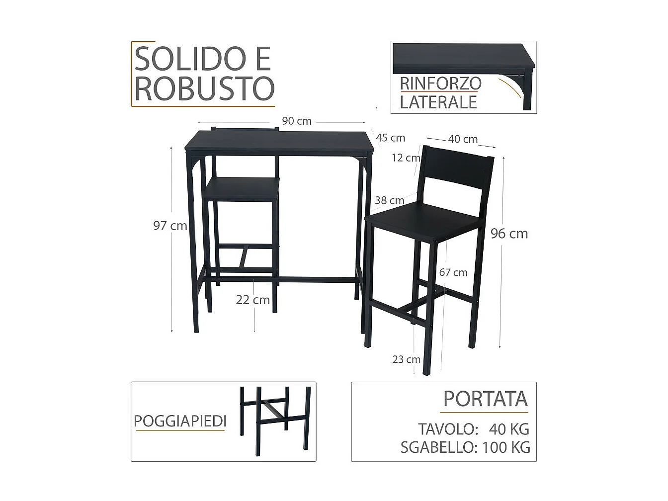 Lot de table de bar avec 2 tabourets couleur noire mod. LIGNANO par Yelloo
