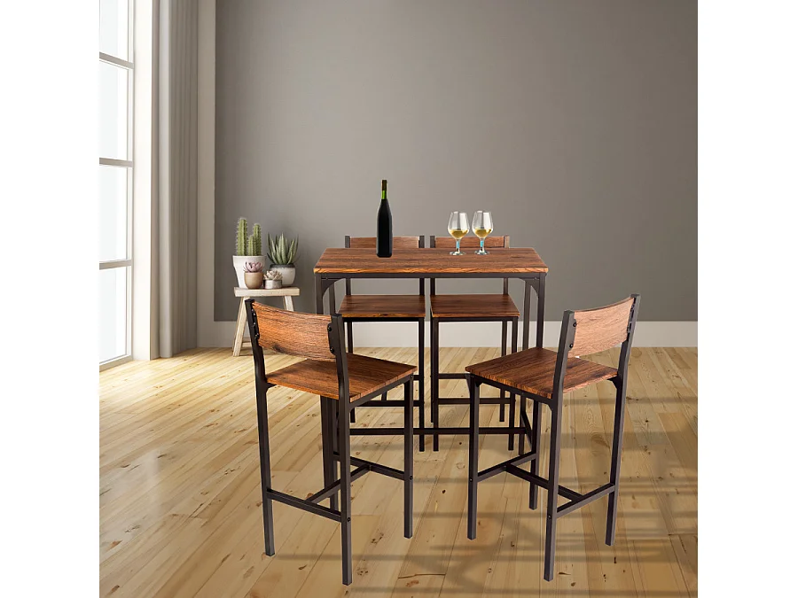 Lot table de bar et 4 tabourets en noyer marron mod. VENICE par Yelloo