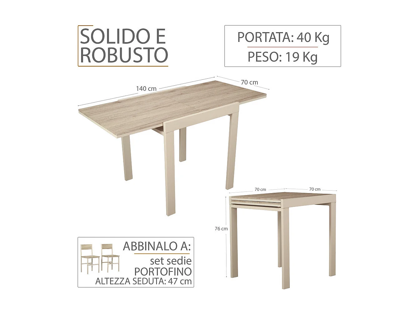 Tavolo bar Cucina 70x70 allungabile a 70x140 cm colore beige mod. SANREMO by Yelloo