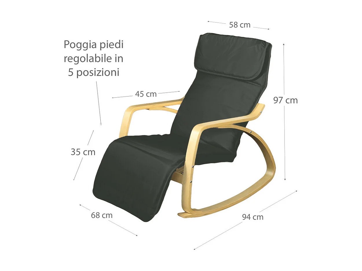 Poltrona relax sedia a dondolo con poggiapiedi regolabile mod. ZEN NERA NATURALE by Yelloo