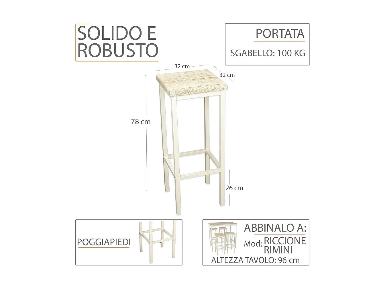 Lot de 2 tabourets de bar de 78 cm de hauteur en chêne clair beige mod. RICCIONE RIMINI par Yelloo