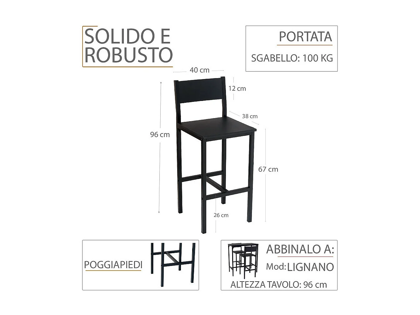 Set 2 Sgabelli colore nero moderni e comodi seduta altezza 67 cm mod. LIGNANO by Yelloo