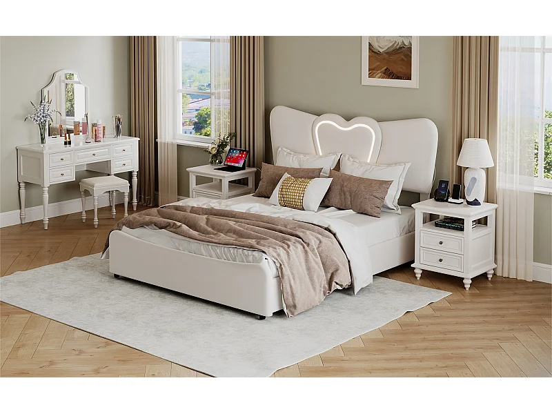 Lit double rembourré 140x200 cm/160x200 cm, lit coffre avec tête de lit en forme de cœur, réglable, cadre de lit hydraulique, velours, beige, sans matelas