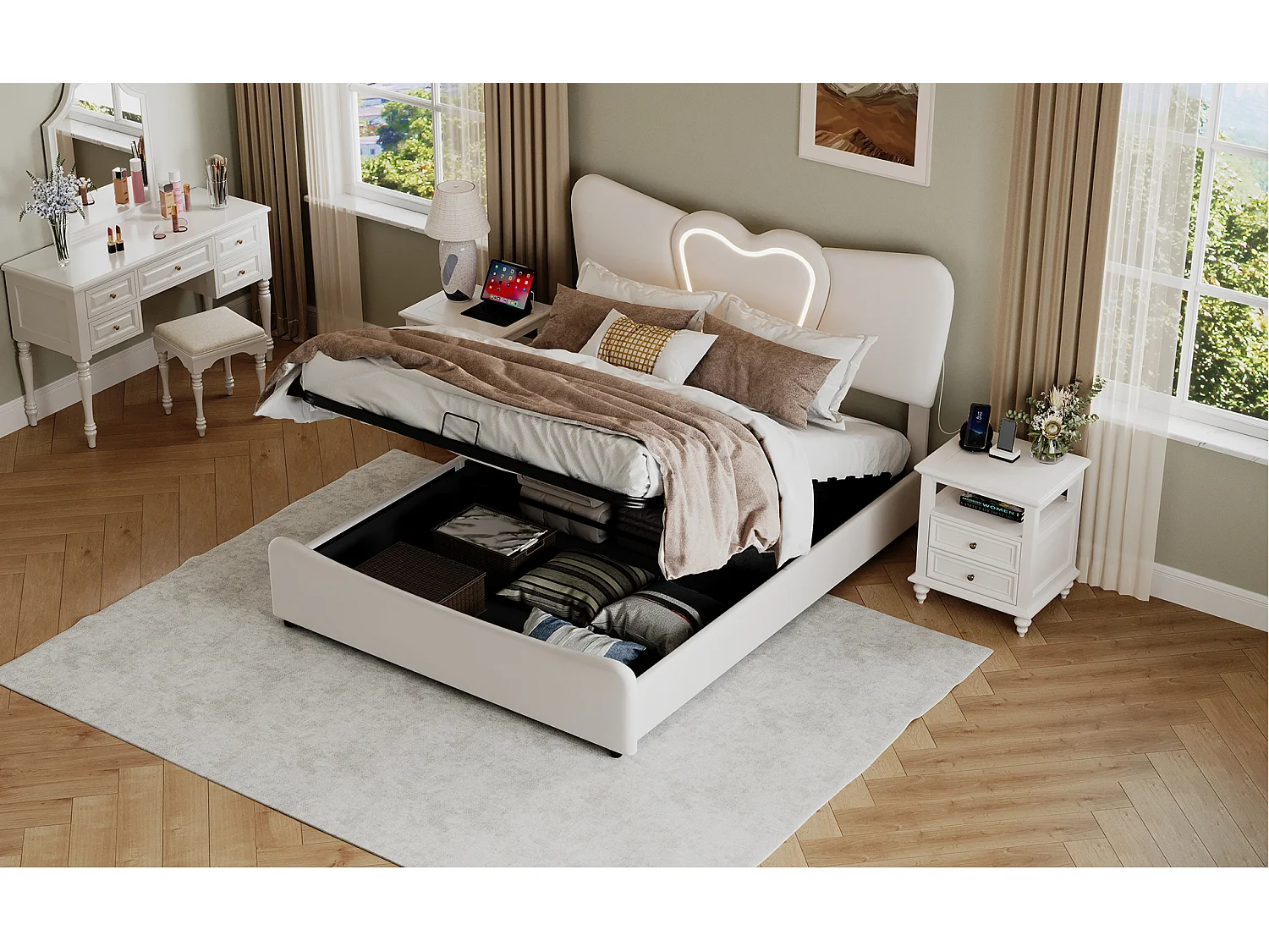 Lit double rembourré 140x200 cm/160x200 cm, lit coffre avec tête de lit en forme de cœur, réglable, cadre de lit hydraulique, velours, beige, sans matelas