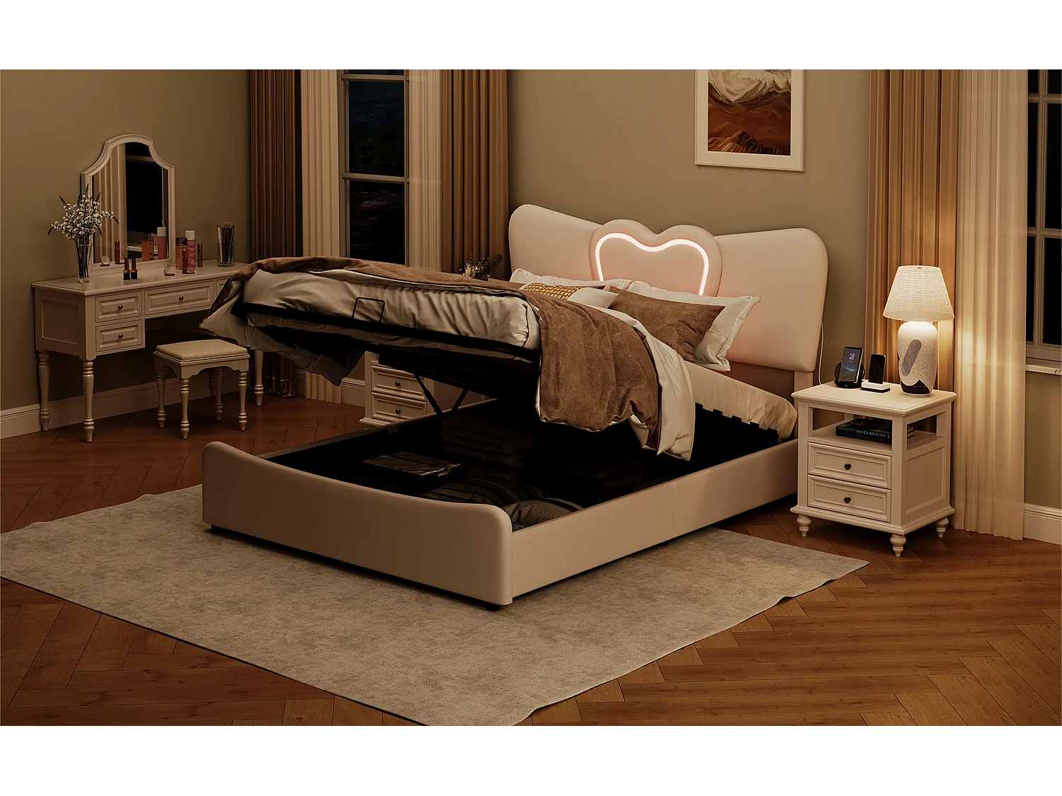 Lit double rembourré 140x200 cm/160x200 cm, lit coffre avec tête de lit en forme de cœur, réglable, cadre de lit hydraulique, velours, beige, sans matelas