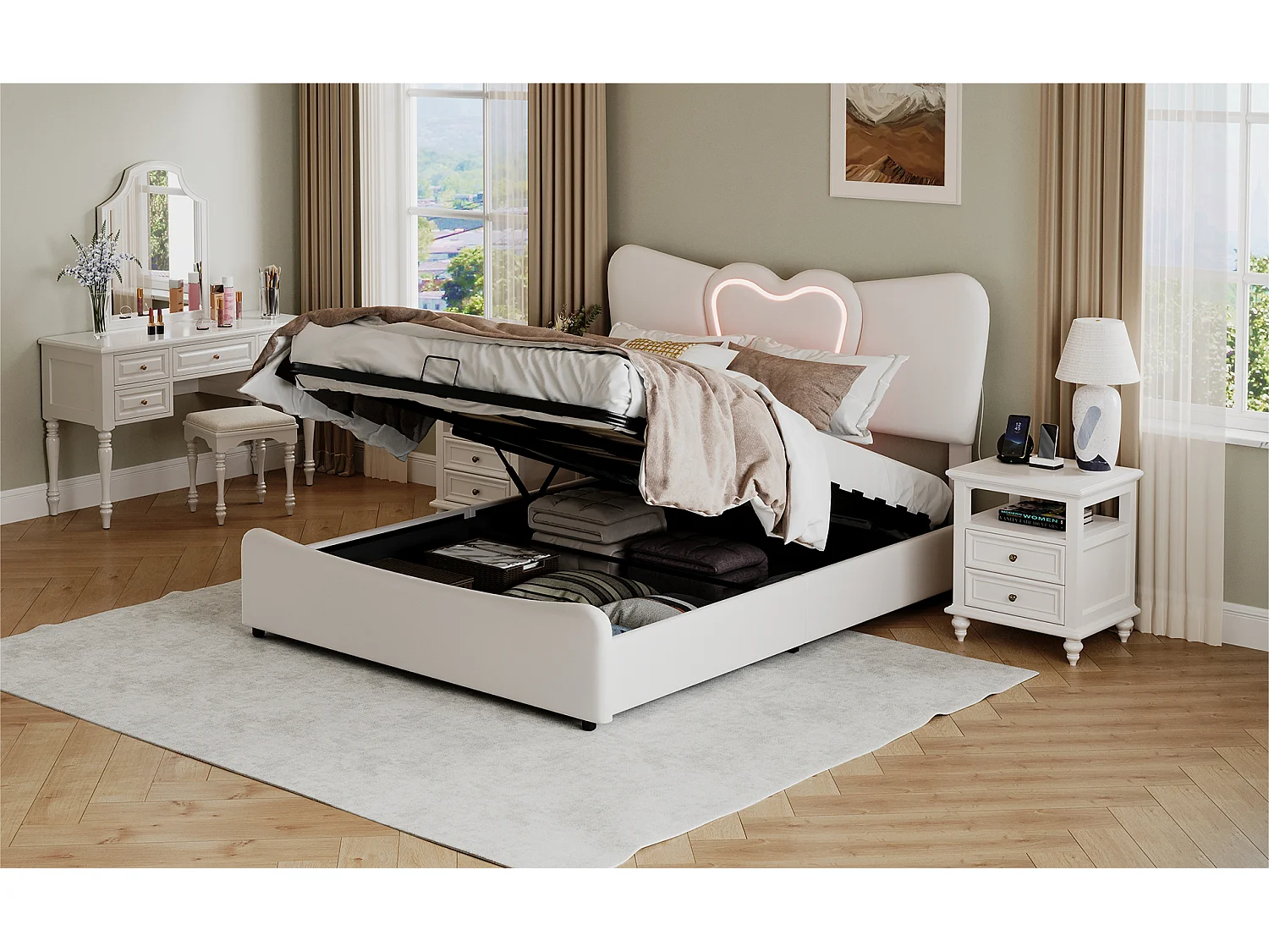 Lit double rembourré 140x200 cm/160x200 cm, lit coffre avec tête de lit en forme de cœur, réglable, cadre de lit hydraulique, velours, beige, sans matelas