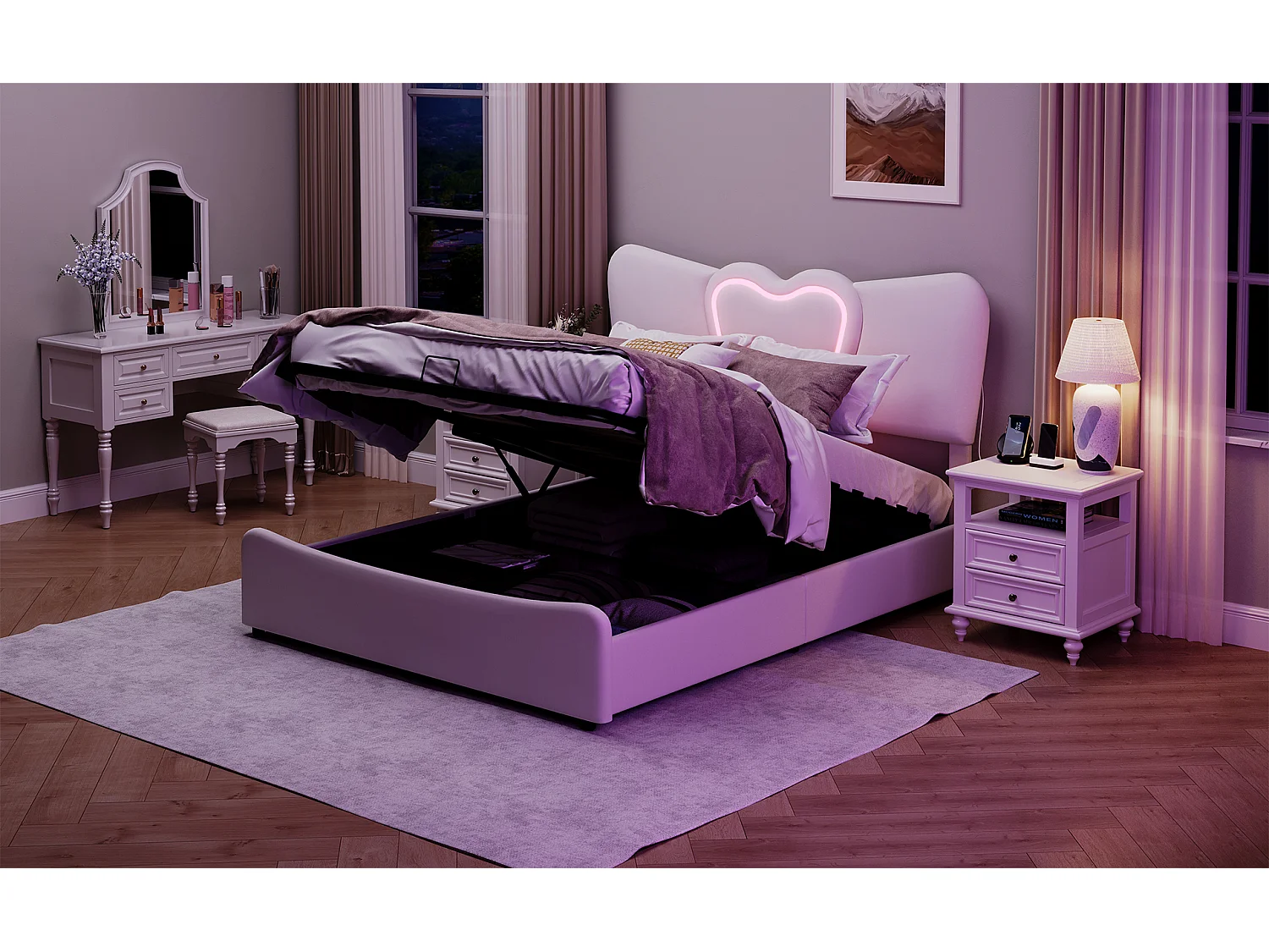 Lit double rembourré 140x200 cm/160x200 cm, lit coffre avec tête de lit en forme de cœur, réglable, cadre de lit hydraulique, velours, beige, sans matelas