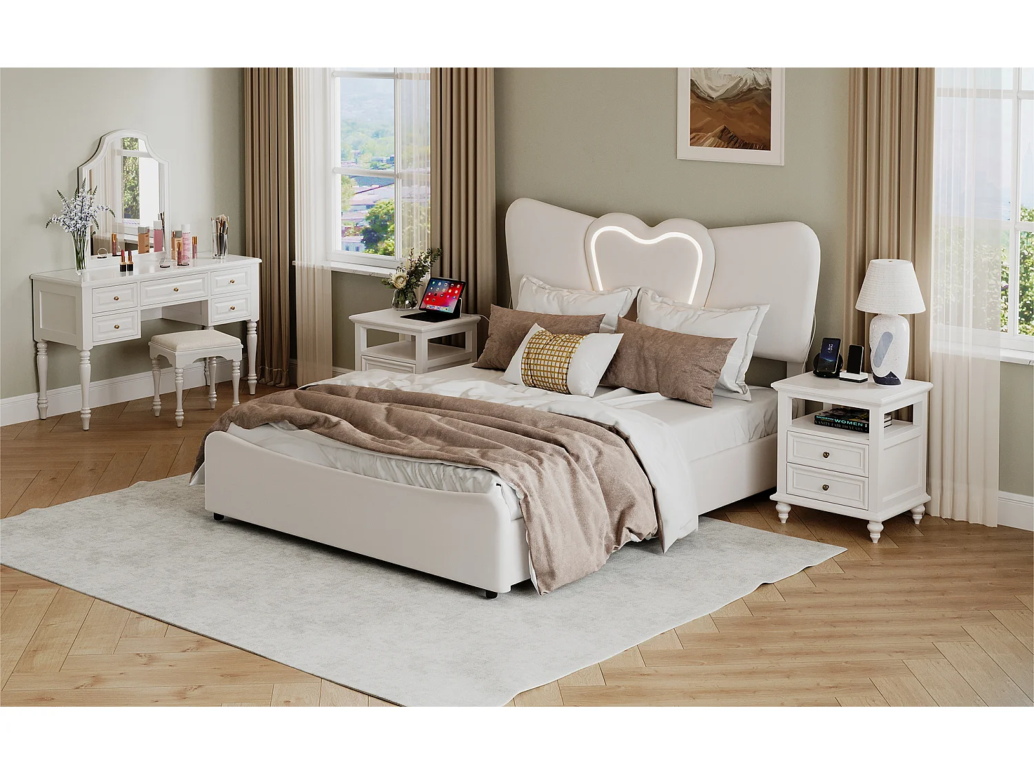 Lit double rembourré 140x200 cm/160x200 cm, lit coffre avec tête de lit en forme de cœur, réglable, cadre de lit hydraulique, velours, beige, sans matelas