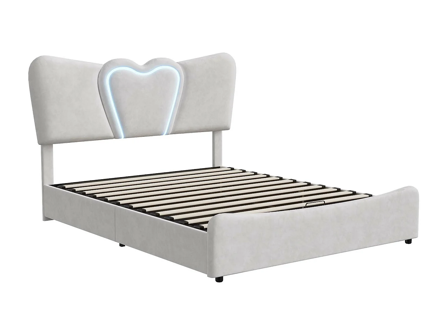 Lit double rembourré 140x200 cm/160x200 cm, lit coffre avec tête de lit en forme de cœur, réglable, cadre de lit hydraulique, velours, beige, sans matelas