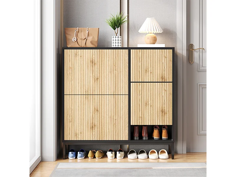 Meuble à chaussures avec tabouret à langer, étagère à chaussures avec trois volets et espace de rangement ouvert, adapté au couloir, à la chambre