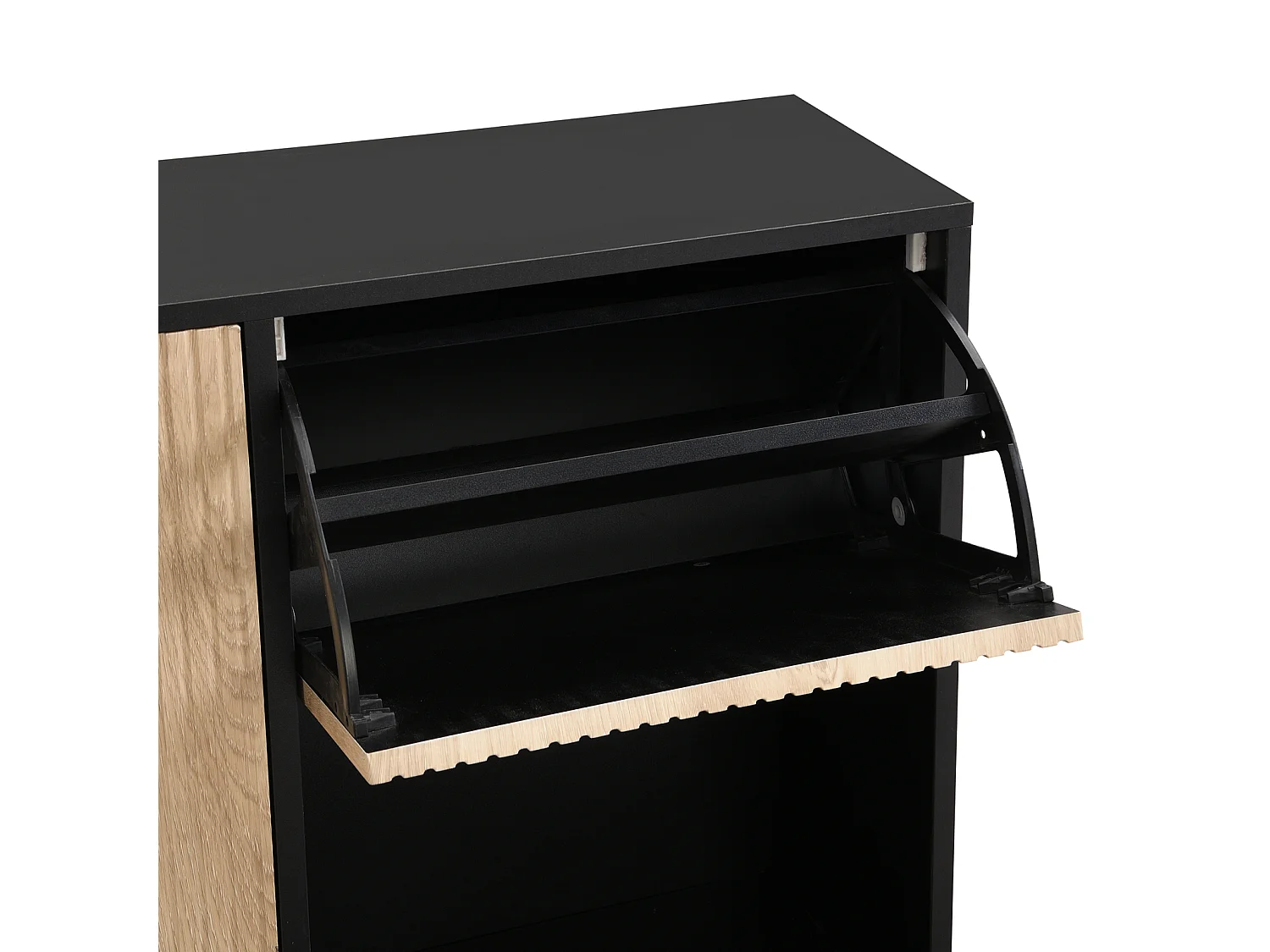 Meuble à chaussures avec tabouret à langer, étagère à chaussures avec trois volets et espace de rangement ouvert, adapté au couloir, à la chambre