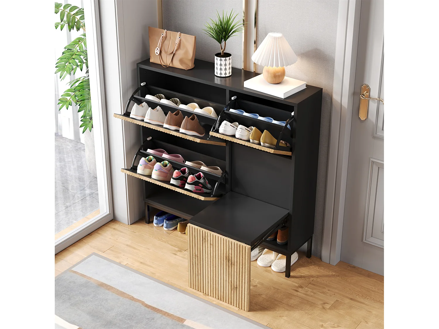 Meuble à chaussures avec tabouret à langer, étagère à chaussures avec trois volets et espace de rangement ouvert, adapté au couloir, à la chambre