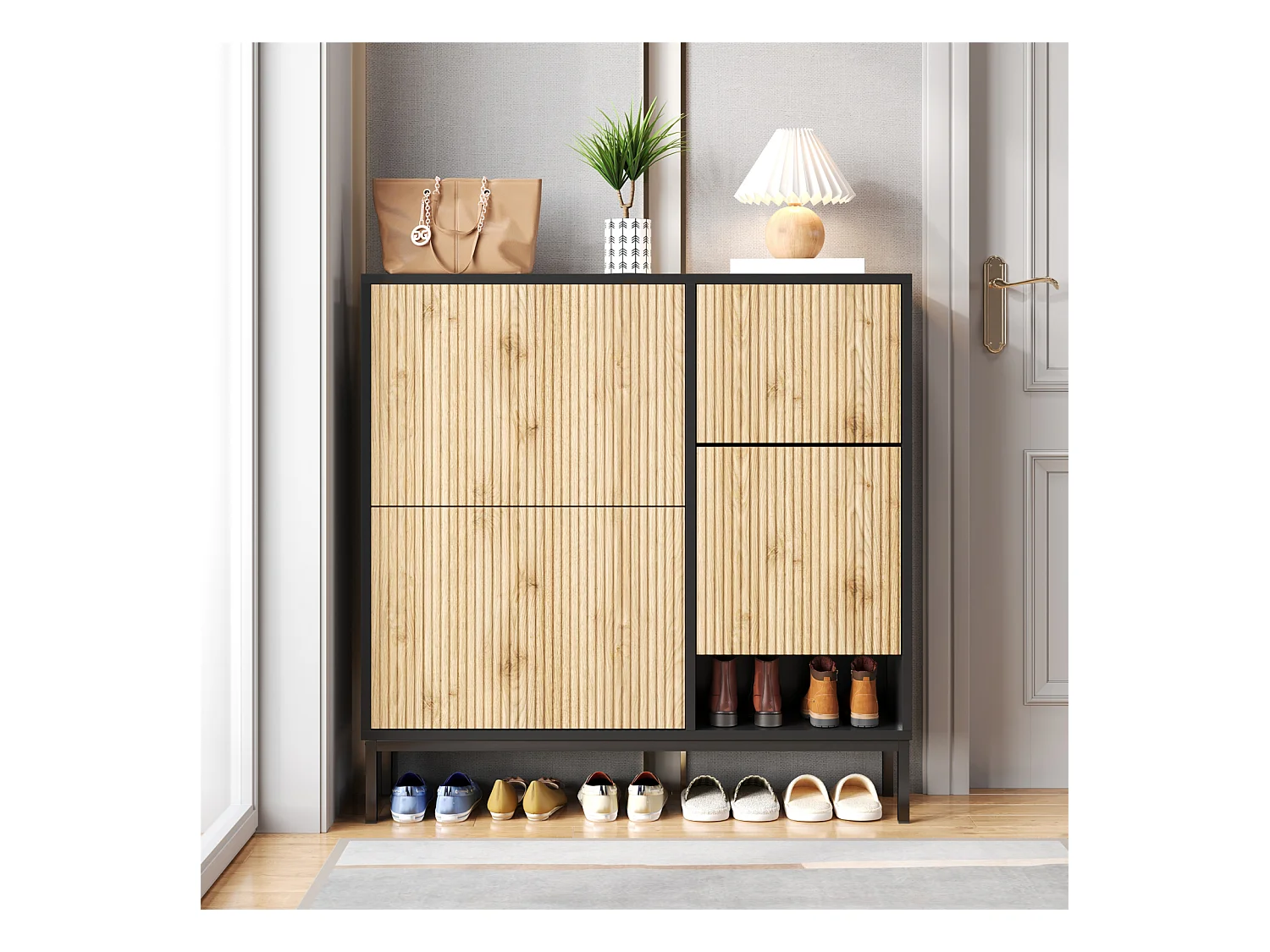Meuble à chaussures avec tabouret à langer, étagère à chaussures avec trois volets et espace de rangement ouvert, adapté au couloir, à la chambre