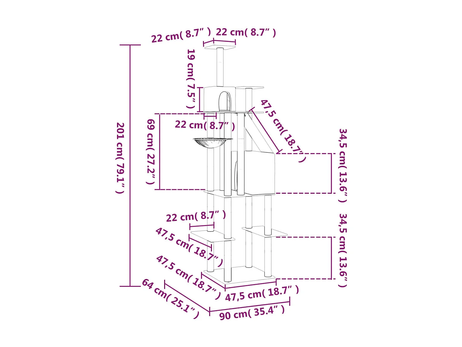Katzenbaum mit Sisalkratzbäumen Creme 201 cm