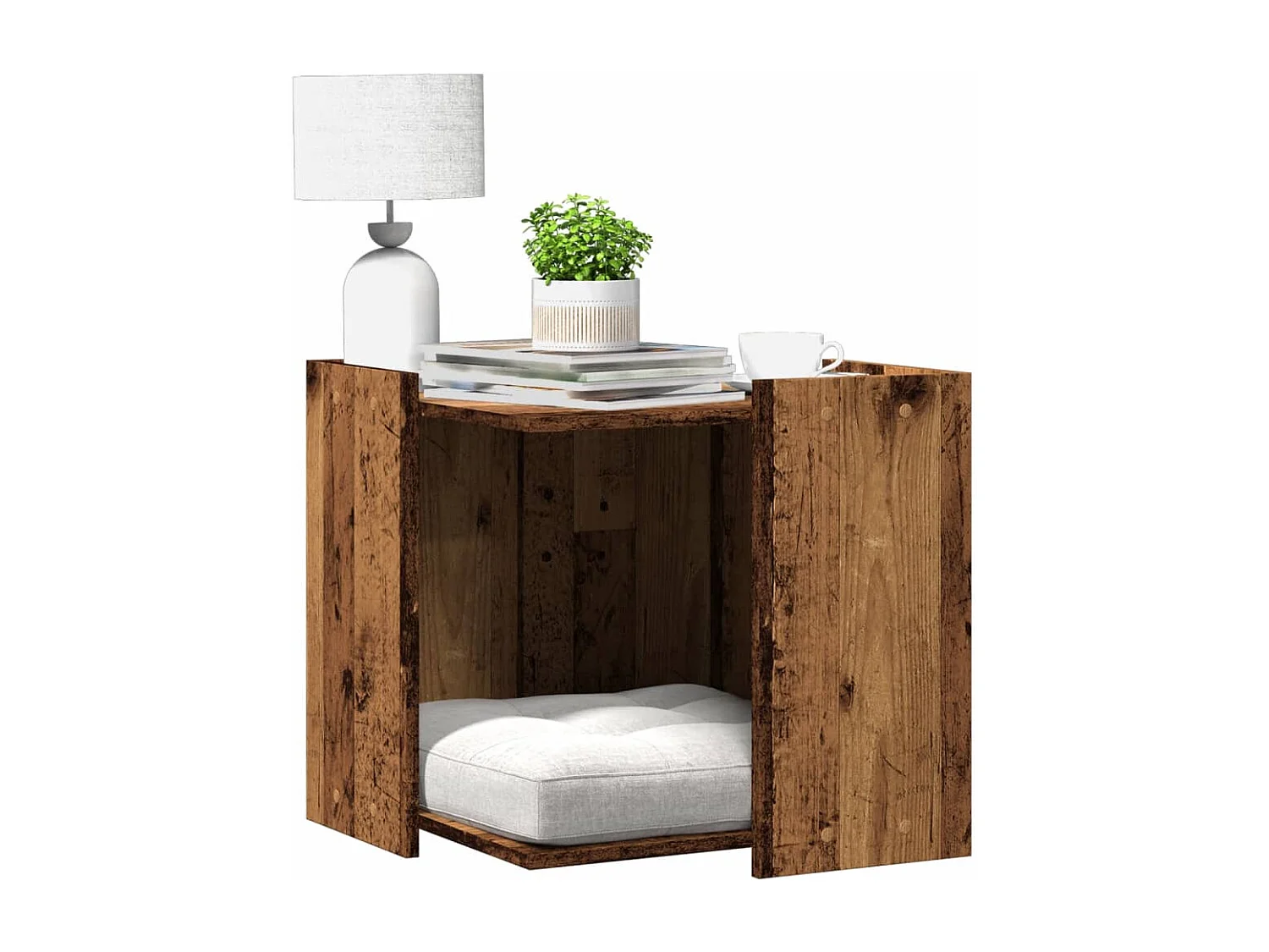 Mobiletto per lettiera per gatti in legno vecchio, legno ingegnerizzato