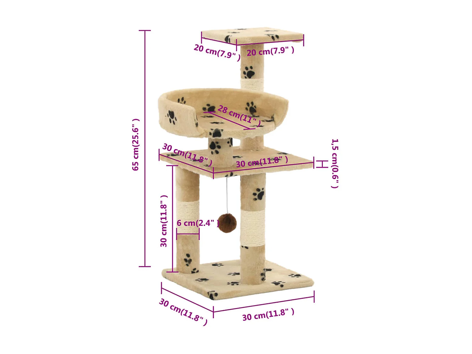 Tiragraffi e Albero per Gatti in Sisal 65 cm Beige Paw Pattern