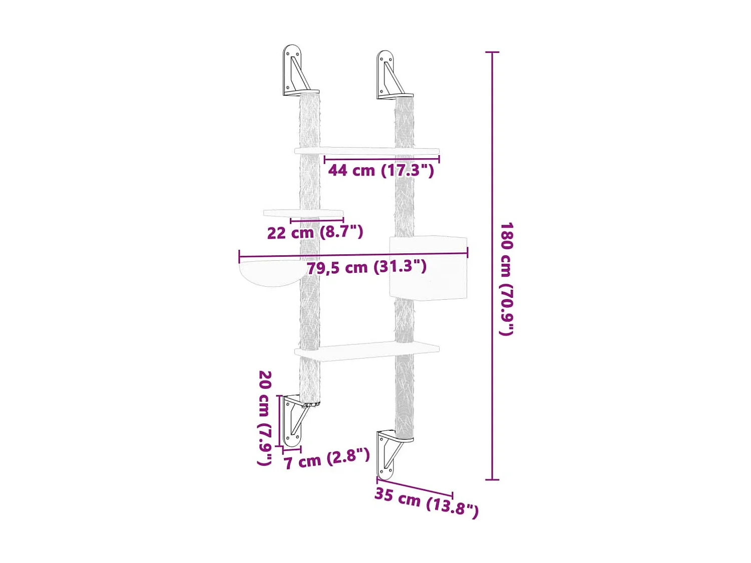 Tiragraffi da parete con albero per gatti grigio chiaro 180 cm