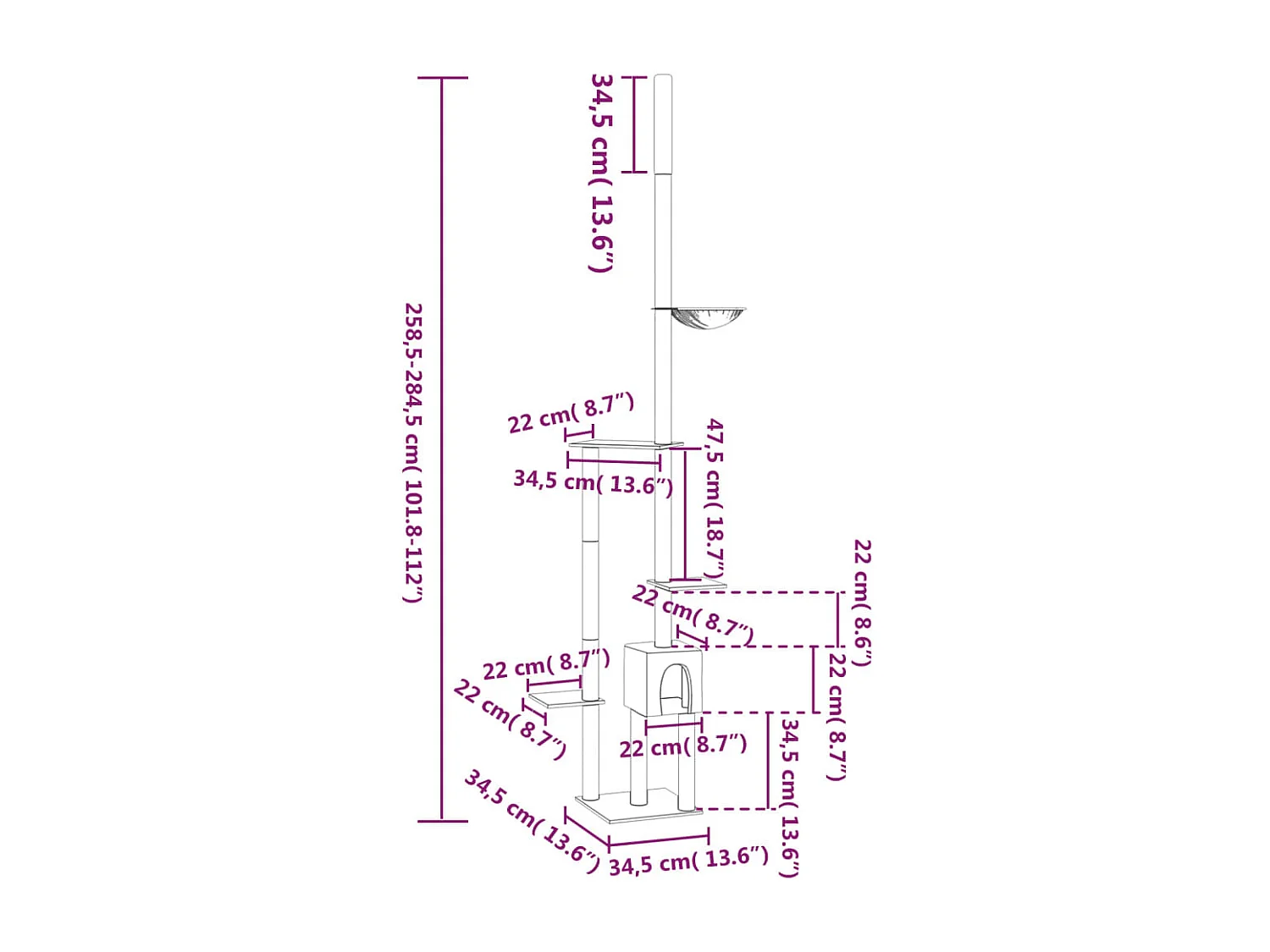 Arbre à chat du sol au plafond Gris clair 258,5-284,5 cm
