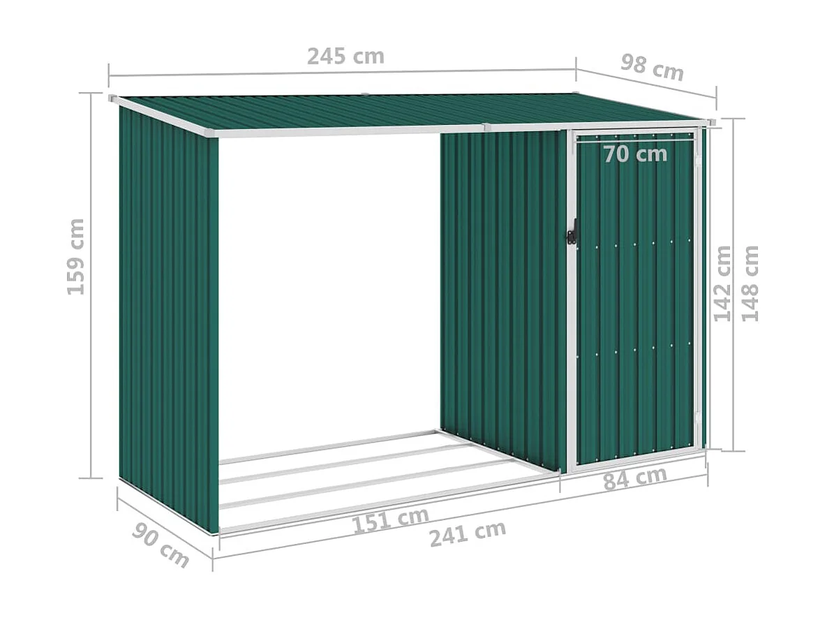 Caseta de madera para jardín Verde 245x98x159 cm Acero galvanizado