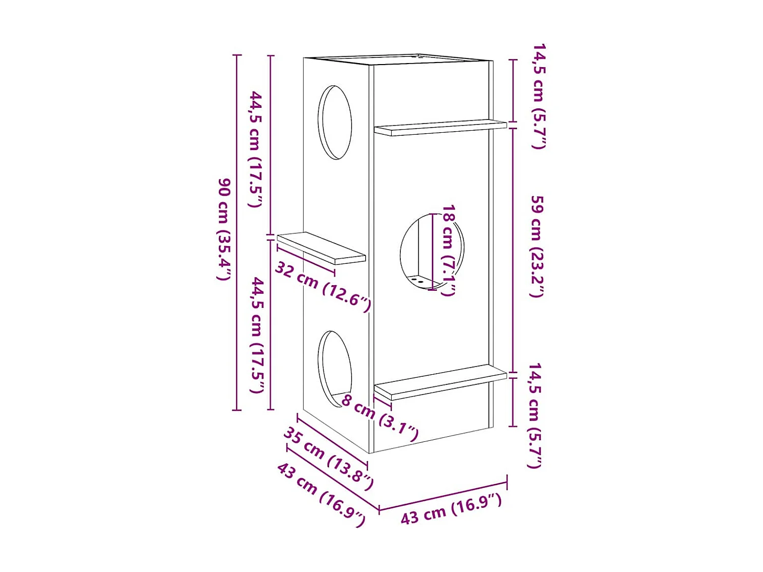 Casa para gato 43x43x90 cm madeira de pinho maciça