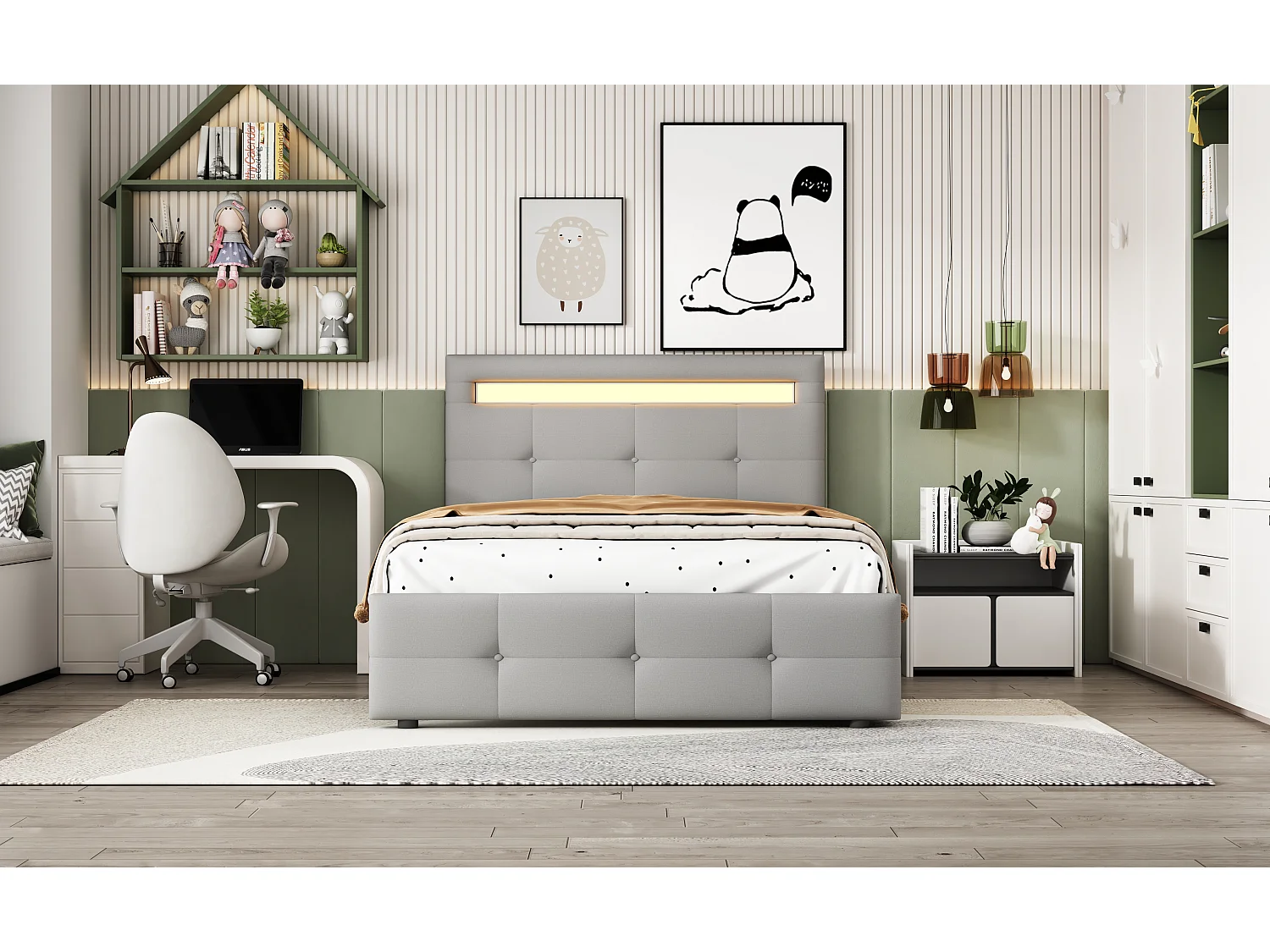 90 * 200cm lit rembourré avec lumière LED, 2 tiroirs, skin - friendly Lin rembourré plat lit simple lit d'enfant lit de jeunesse lit d'appoint (gris)