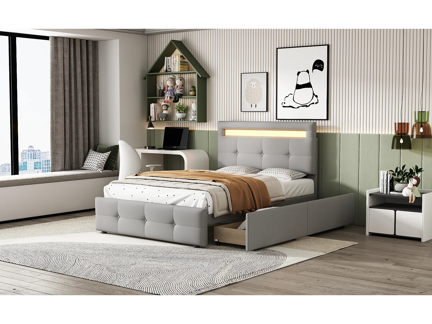 90 * 200cm lit rembourré avec lumière LED, 2 tiroirs, skin - friendly Lin rembourré plat lit simple lit d'enfant lit de jeunesse lit d'appoint (gris)