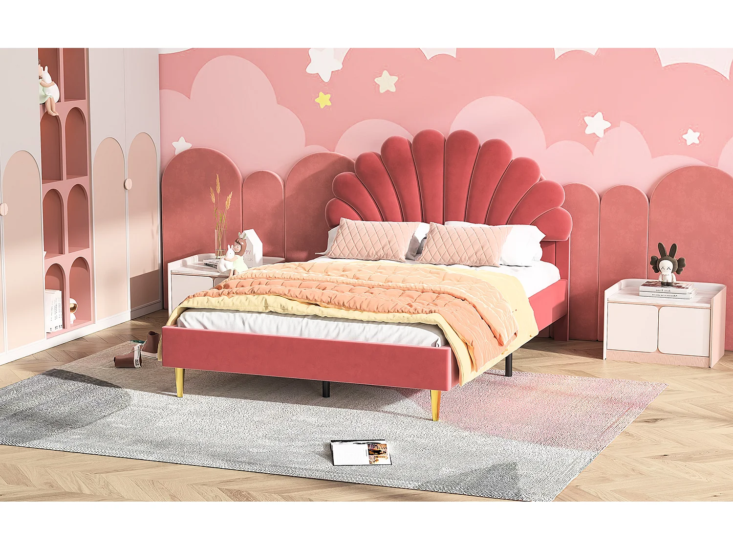 Lit rembourré 140x200 cm, lit double avec dossier de tête de lit en velours en forme de nuage, lit rembourré sans matelas, sommier à lattes, lit jeune, lit enfant