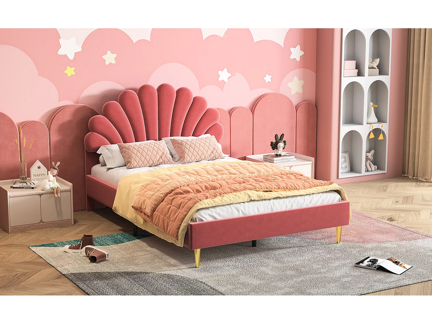 Lit rembourré 140x200 cm, lit double avec dossier de tête de lit en velours en forme de nuage, lit rembourré sans matelas, sommier à lattes, lit jeune, lit enfant