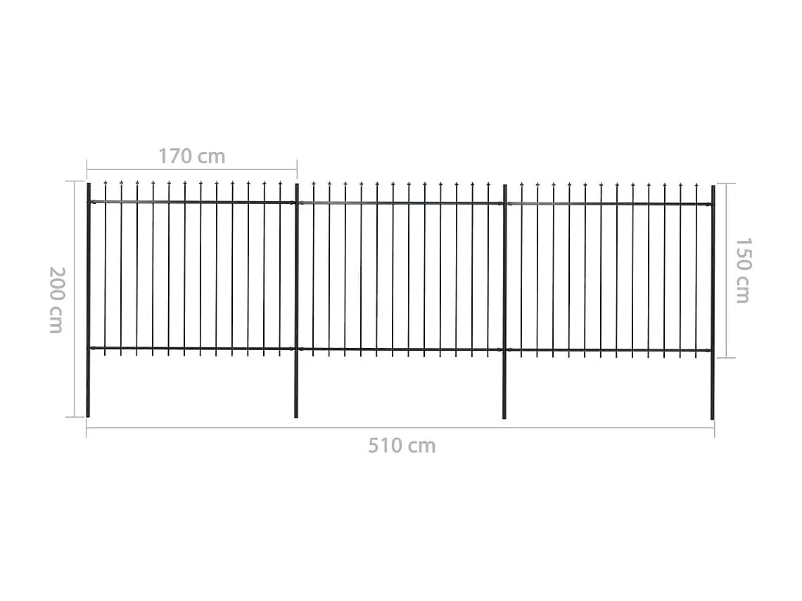 Recinzione da giardino con punta a lancia in acciaio 5,1 x 1,5 m nero