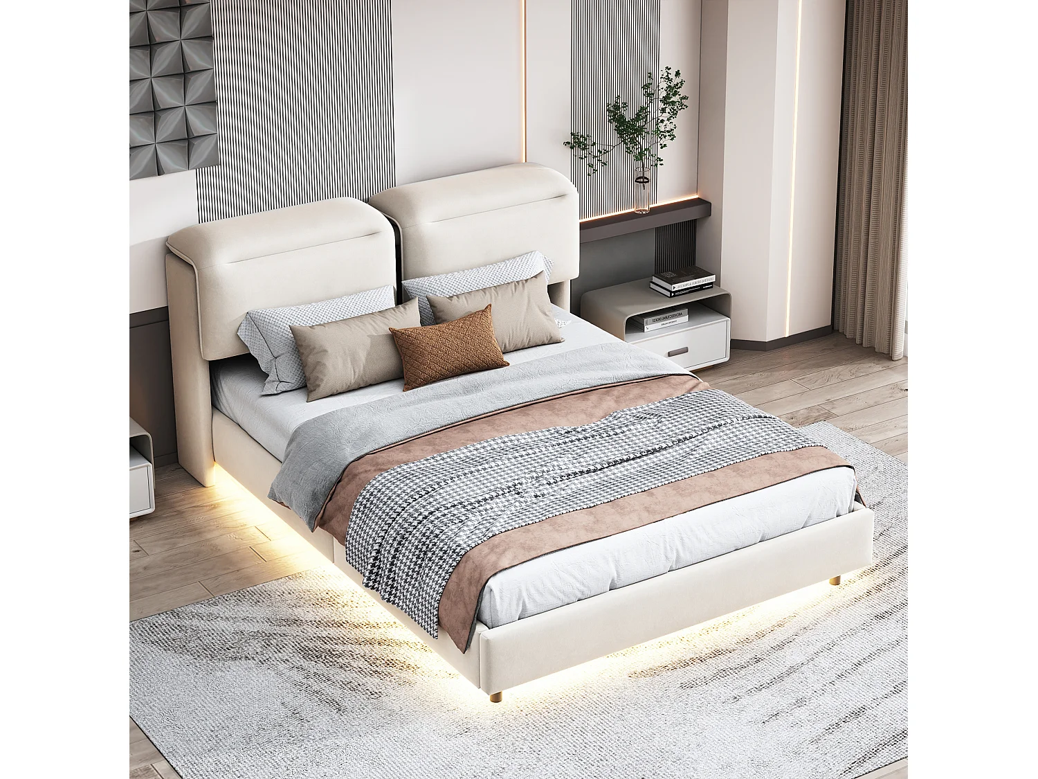 Surmatelas lit 140x200CM, lit fonctionnel avec porte pliante, lit coffre avec système hydraulique, lit avec cadre en bois, pieds bas, velours, beige
