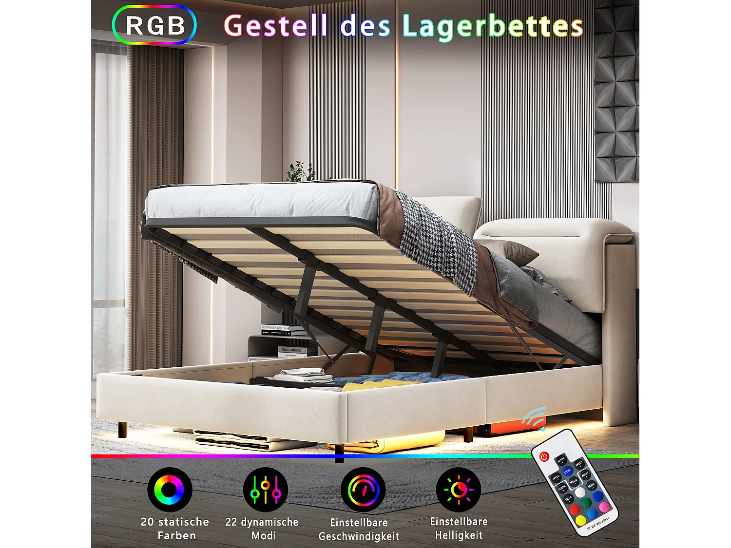 Surmatelas lit 140x200CM, lit fonctionnel avec porte pliante, lit coffre avec système hydraulique, lit avec cadre en bois, pieds bas, velours, beige