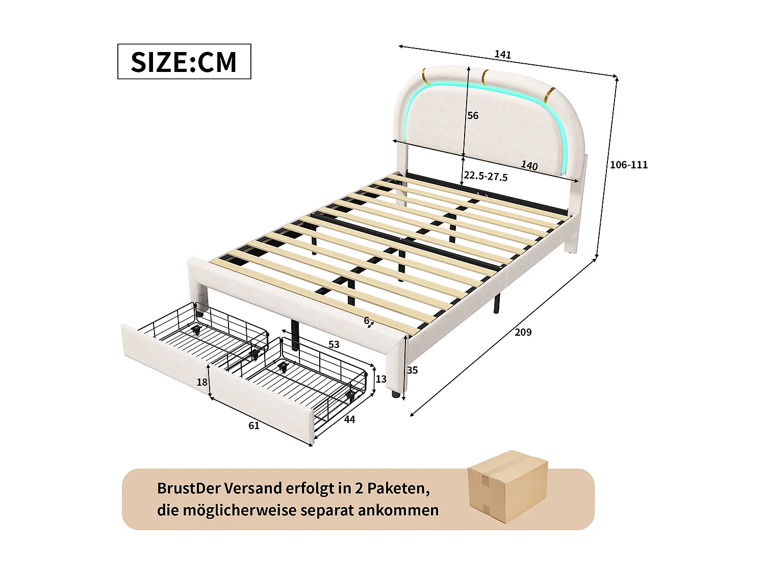 Lit rembourré 140*200cm lit double avec tête de lit, lit jeune, cadre de lit rembourré avec 2 roulettes, tiroir, sans matelas