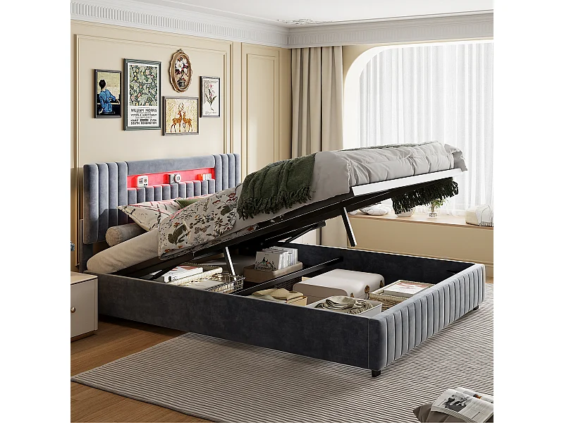 Lit rembourré, lit fonctionnel hydraulique, tête de lit en velours, 160 x 200 cm, lit rembourré, cadre de plate - forme avec rangement pliable, sans matelas